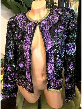 EUC Vintage Nite Line 80s Beaded Sequin 100% Pure Silk Evening Jacket  Medium